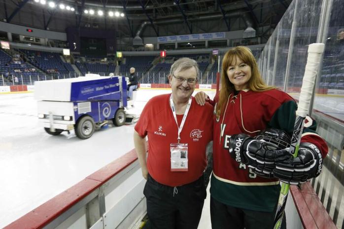 WPFG Volunteer Michael Fisher with Kim Harper, Las Vegas Guns & Hoses at the Odyssey Arena July 2013  Picture: © Kelvin Boyes, Press Eye
