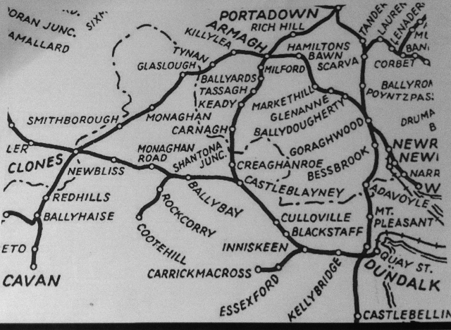 Map showing former railway network in Co. Monaghan