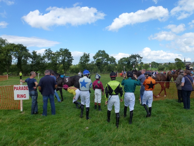 Jockeys line up for second race at Aughnacloy Races Photo: © Michael Fisher