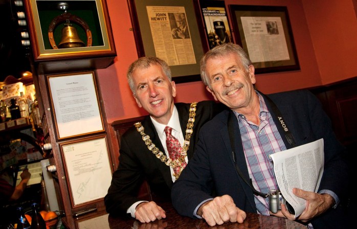 Belfast Lord Mayor Máirtín Ó Muilleoir & Brian Bingham at unveiling of bell at John Hewitt Bar Photo: © Kevin Cooper Photoline 