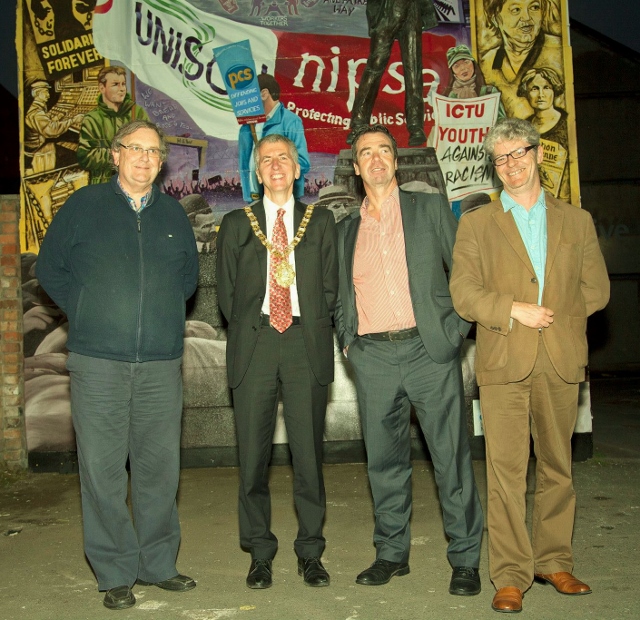 Michael Fisher (NUJ), Lord Mayor of Belfast Máirtín Ó Muilleoir, ICTU President John Douglas, John O'Farrell ICTU Photo: © Kevin Cooper Photoline