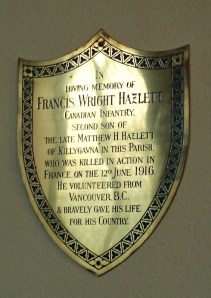Plaque in St Dympna's Ballinode to Francis Hazlett, Canadian Infantry, died June 1916 Photo: © Michael Fisher