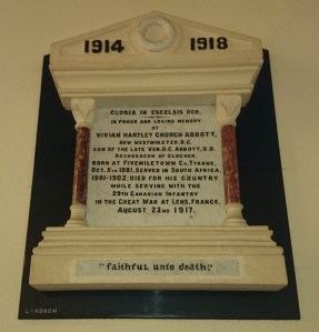 Plaque in St Dympna's Ballinode to Vivian Abbott, Canadian Infantry, died August 1917 Photo: © Michael Fisher