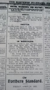 In Memoriam notice 4th anniversary death of Pte Robert Hamilton. Northern Standard April 1922