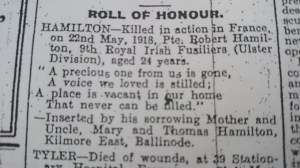 Roll of Honour Death Notice (with incorrect date and age) for Pte Hamilton Northern Standard June 1918