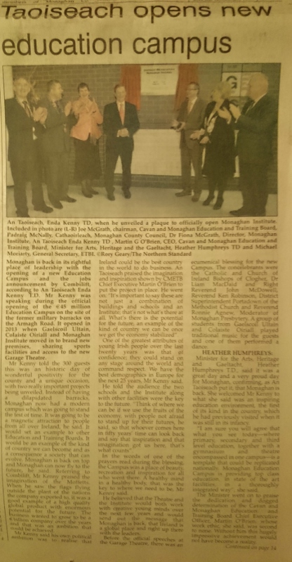 Taoiseach Opens New Education Campus: Northern Standard 12/02/15 p.1