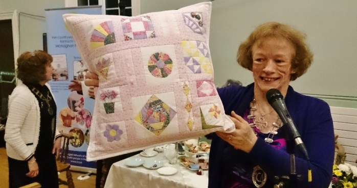 ICA Monaghan Federation President Patricia Cavanagh holds up a prizewinning quilted cushion Photo: © Michael Fisher
