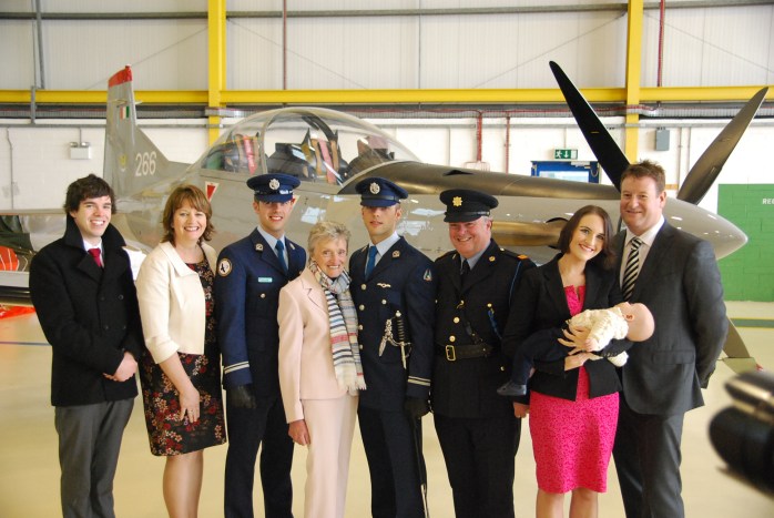 The two Air Corps Lieutenant Mohans with their grandmother Teresa (centre), parents Brian and Geraldine and brother Barry (left) and sister Aoife Swarbrick (right)  at the ceremony in Baldonnel. Photo courtesy of Brian Mohan