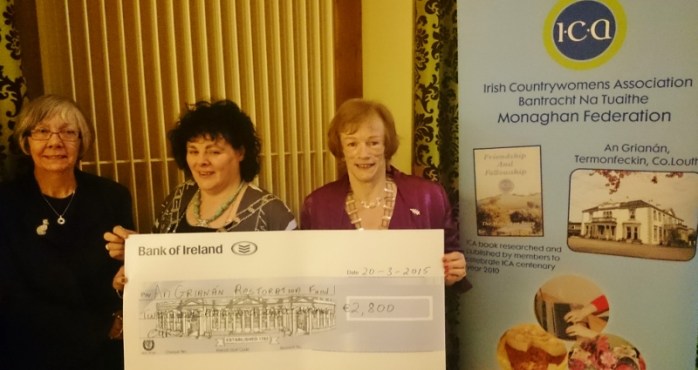ICA Monaghan Federation President Patricia Cavanagh presents cheque to National President Liz Wall for €2800 for restoration of ICA College Termonfeckin Photo: © Michael Fisher