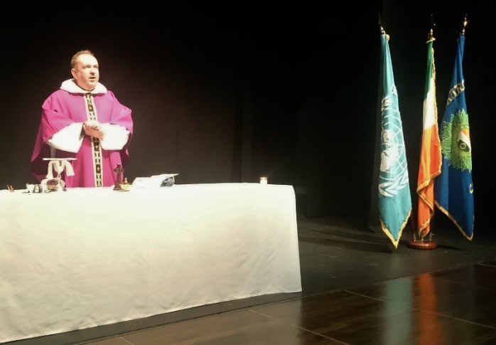 Army Chaplain Fr Bernard McKay Morrissey, CF Dundalk celebrated Mass at the Garage Theatre, Monaghan  Photo:  © Michael Fisher