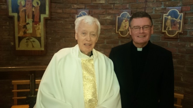 Canon Brian McCluskey  after Sunday Mass with Fr Eddie O'Donnell PP, St Brigid's Belfast Photo:  © Michael Fisher
