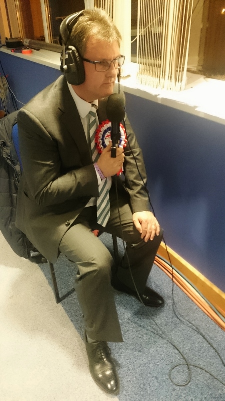 Jefrrey Donaldson prepares to go on RTE Radio after winning the Lagan Valley seat Photo: © Michael Fisher