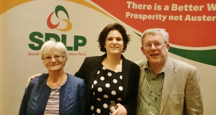SDLP Councillor Claire Hanna (centre) with her parents Carmel and Eamon Hanna Photo: © Michael Fisher