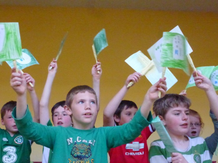 Pupils at Tydavnet National School celebrating the second Green Flag   Photo:  © Michael Fisher 