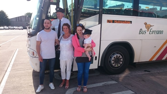 Paddy Gollogly is joined by his family including grandson Ryan for his last day at Monaghan bus depot  Photo:  © Michael Fisher