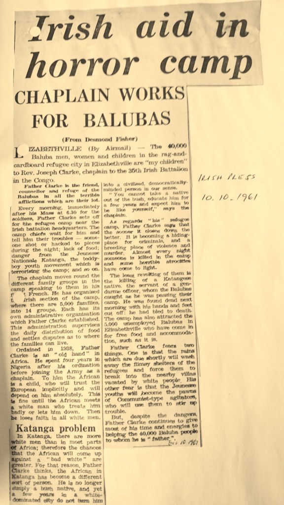 Desmond Fisher report from the Congo 10th October 1961  The Irish Press