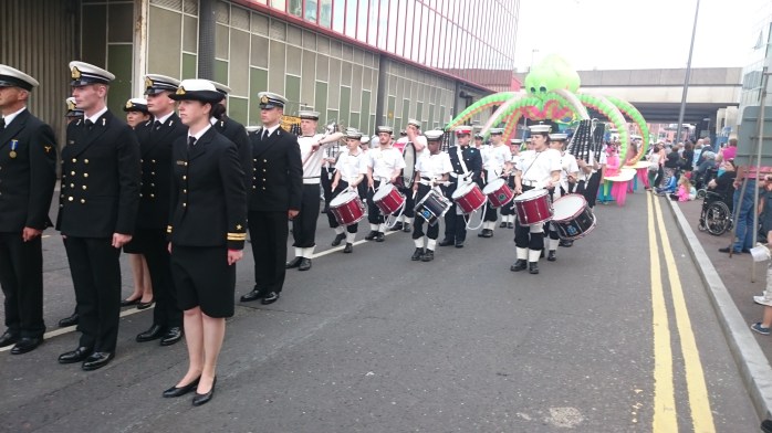 Crew from yacht LE Creidne parade through Belfast ahead of UK Sea Cadets (and a giant octopus!)  Photo:  © Michael Fisher