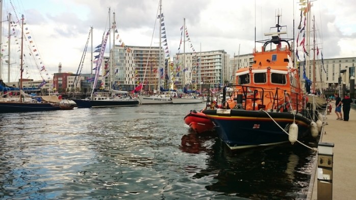RNLI lifeboat moored at Belfast Marina for the duration of the festival. LE Creidne in background. Photo:  © Michael Fisher