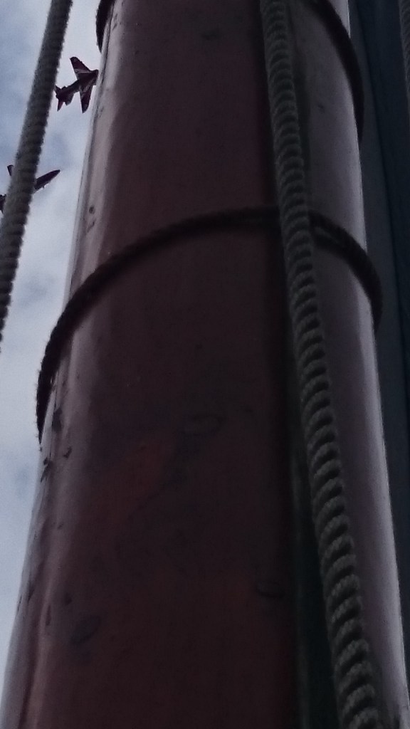 Is that a plane I see above me? Red Arrows planes pass over Mac Duach in Belfast Lough Photo:  © Michael Fisher