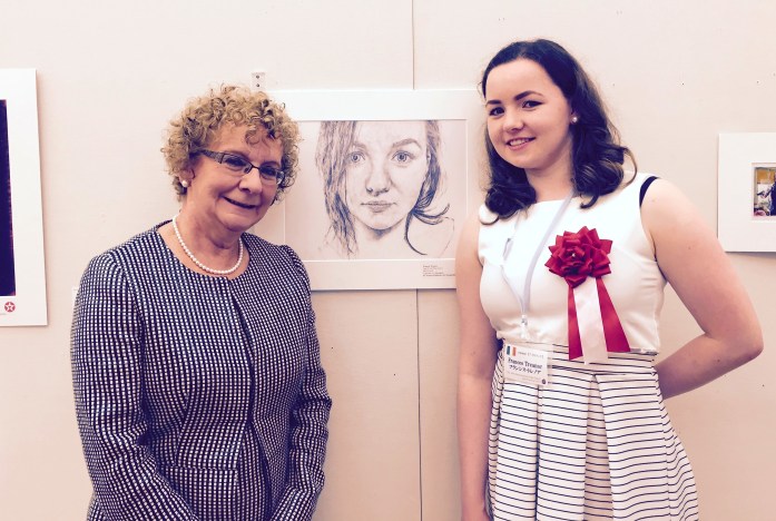 Ireland's Ambassador to Japan Anne Barrington (left) with Frances Treanor at the exhibition of her self-portrait in Tokyo